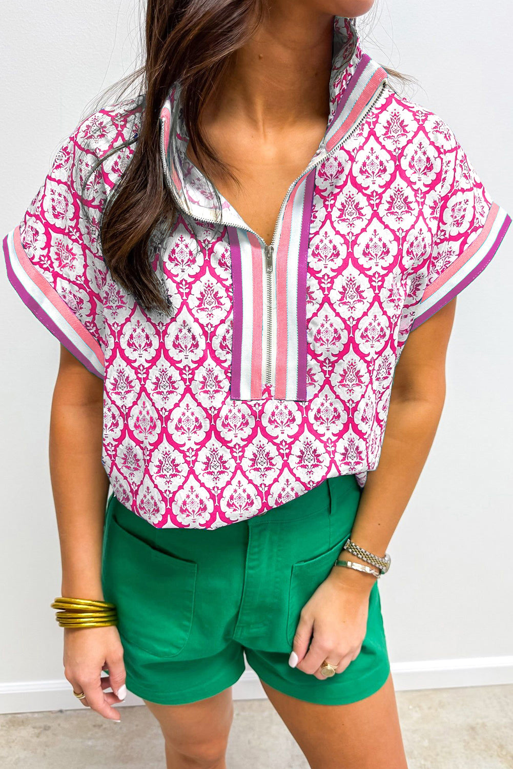 Pink Western Print Zipped Collar Short Sleeve Summer Blouse Top
