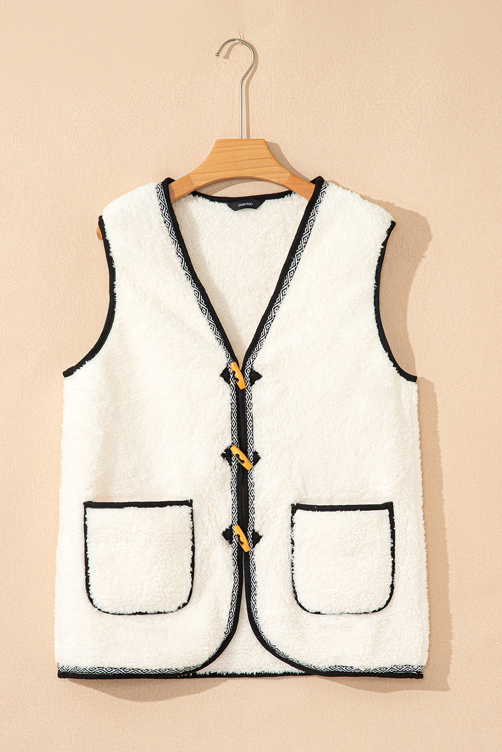 White Sherpa Contrast Trim Patch Pocket Cartridge Toggle Button Vest