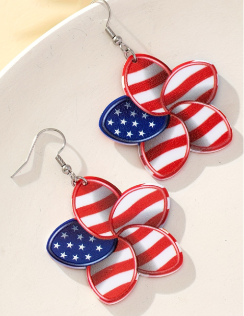 Fiery Red American Flag Printed Flower Shape Hook Earrings