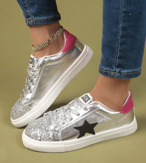 Silvery Metallic Luster Star Pattern Slip On Flat Shoes