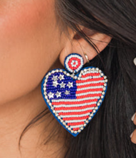 Sail Blue Rhinestone Beaded American Flag Heart Earrings