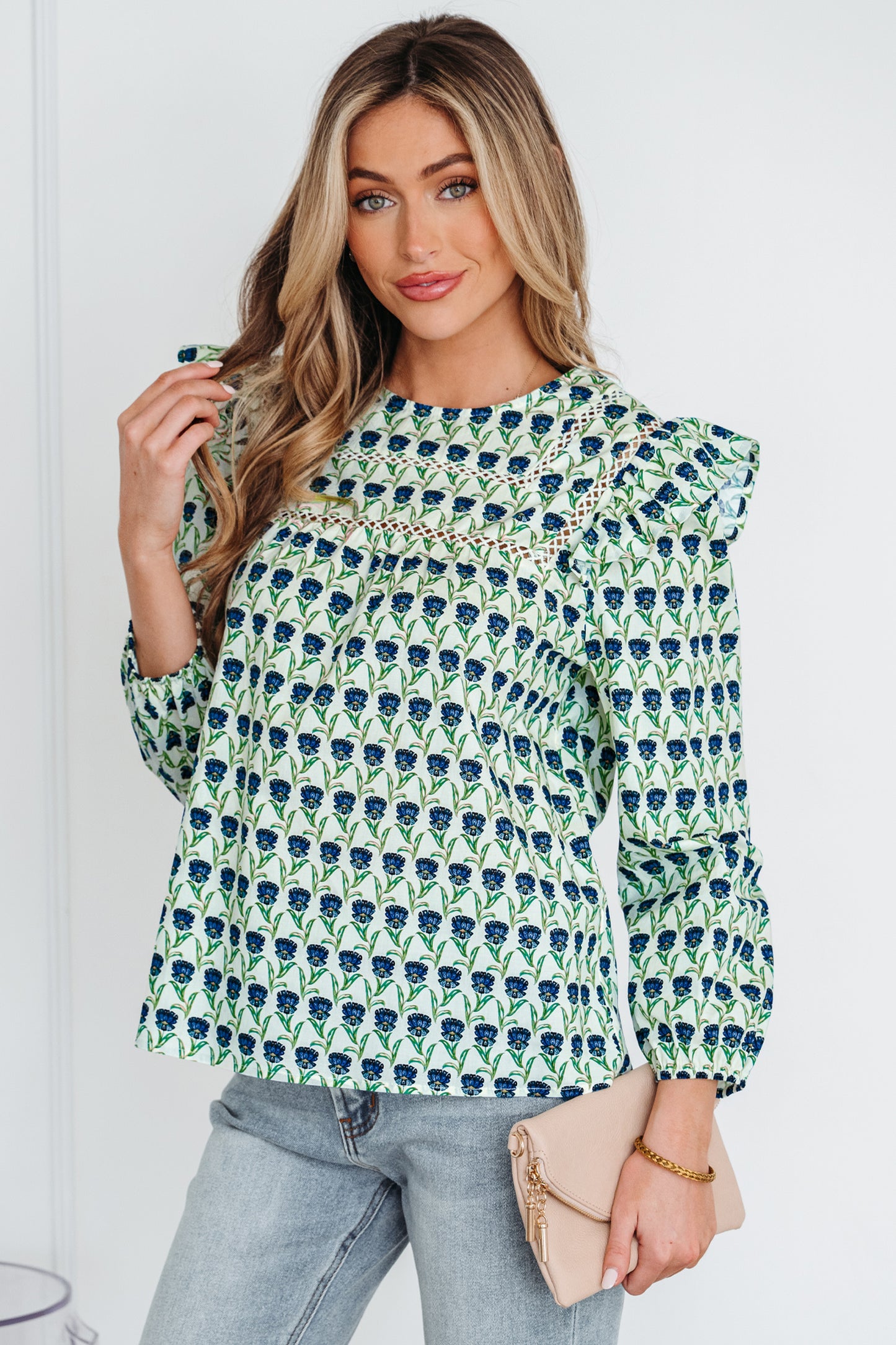 Green Floral Print Lace Detail Ruffle Trim Long Sleeve Blouse