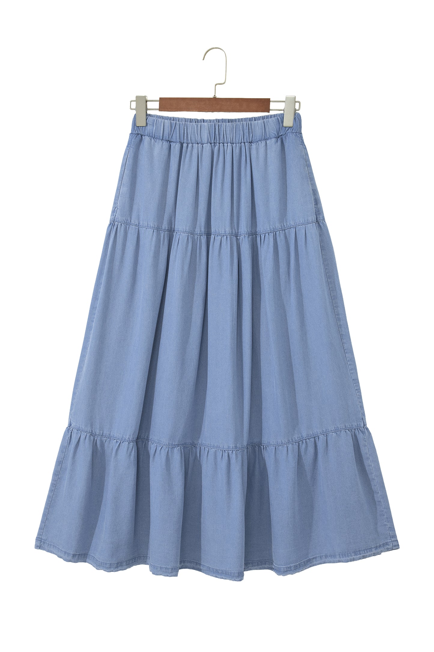 Beau Blue Elastic Waist Ruffled Tiered Flared Denim Maxi Skirt
