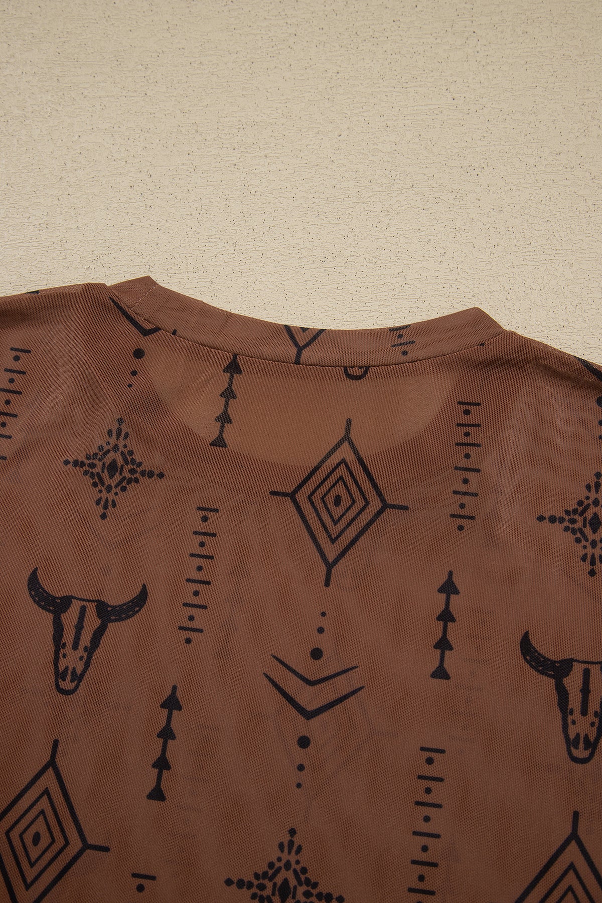 Chestnut Retro Western Print Mesh Long Sleeve Sheath Top