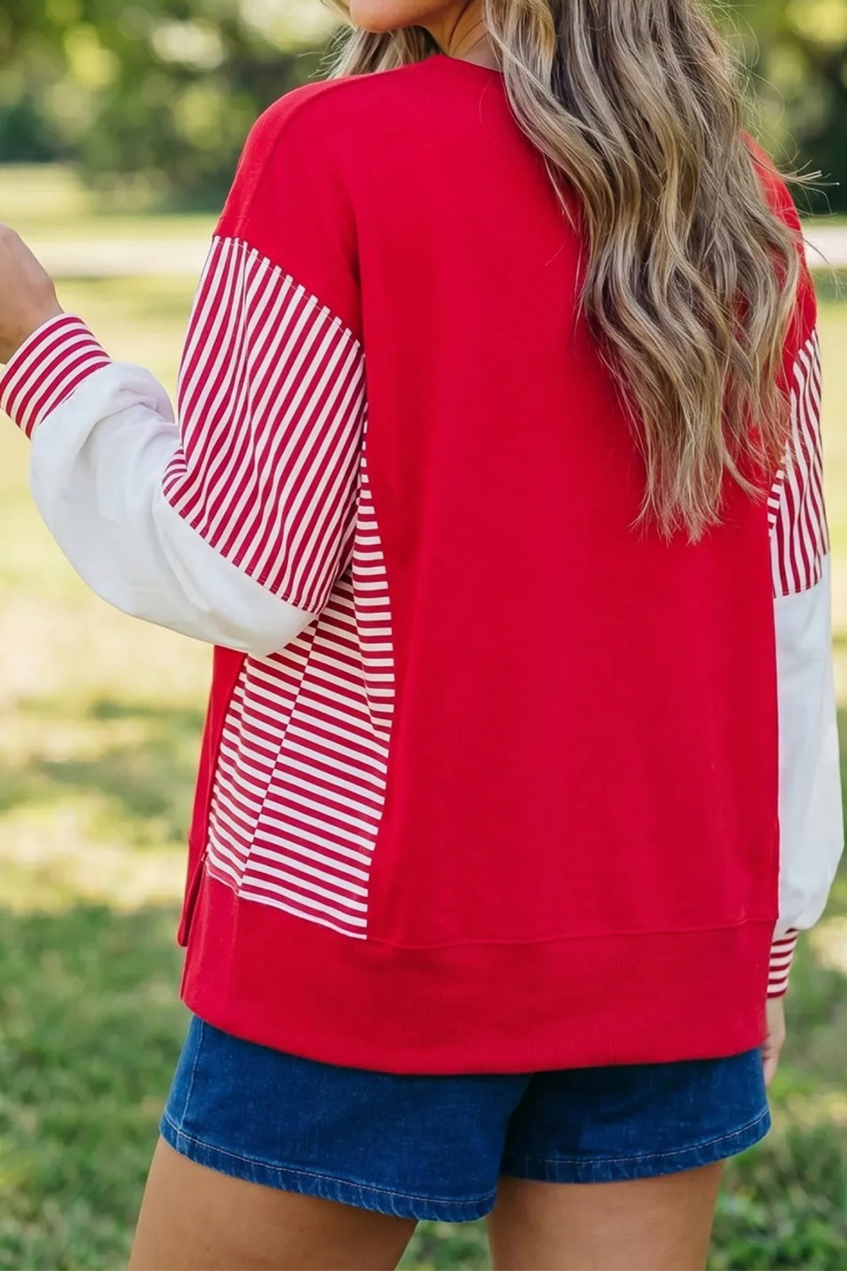 Fiery Red Sequin Rugby Bow Print Striped Color Block Sleeve Patchwork Graphic Sweatshirt