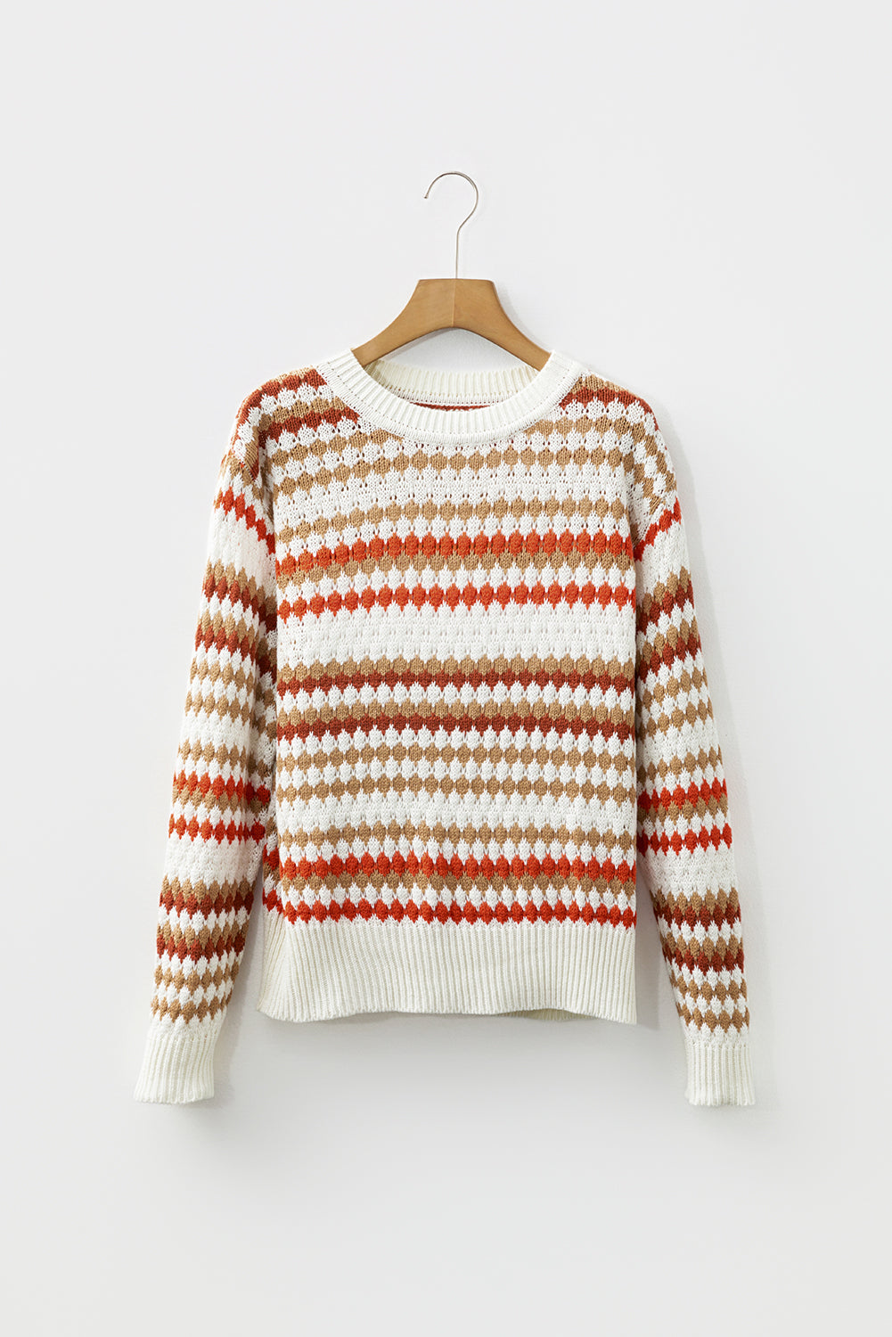 Khaki Stripe Eyelet Patterned Drop Shoulder Sweater
