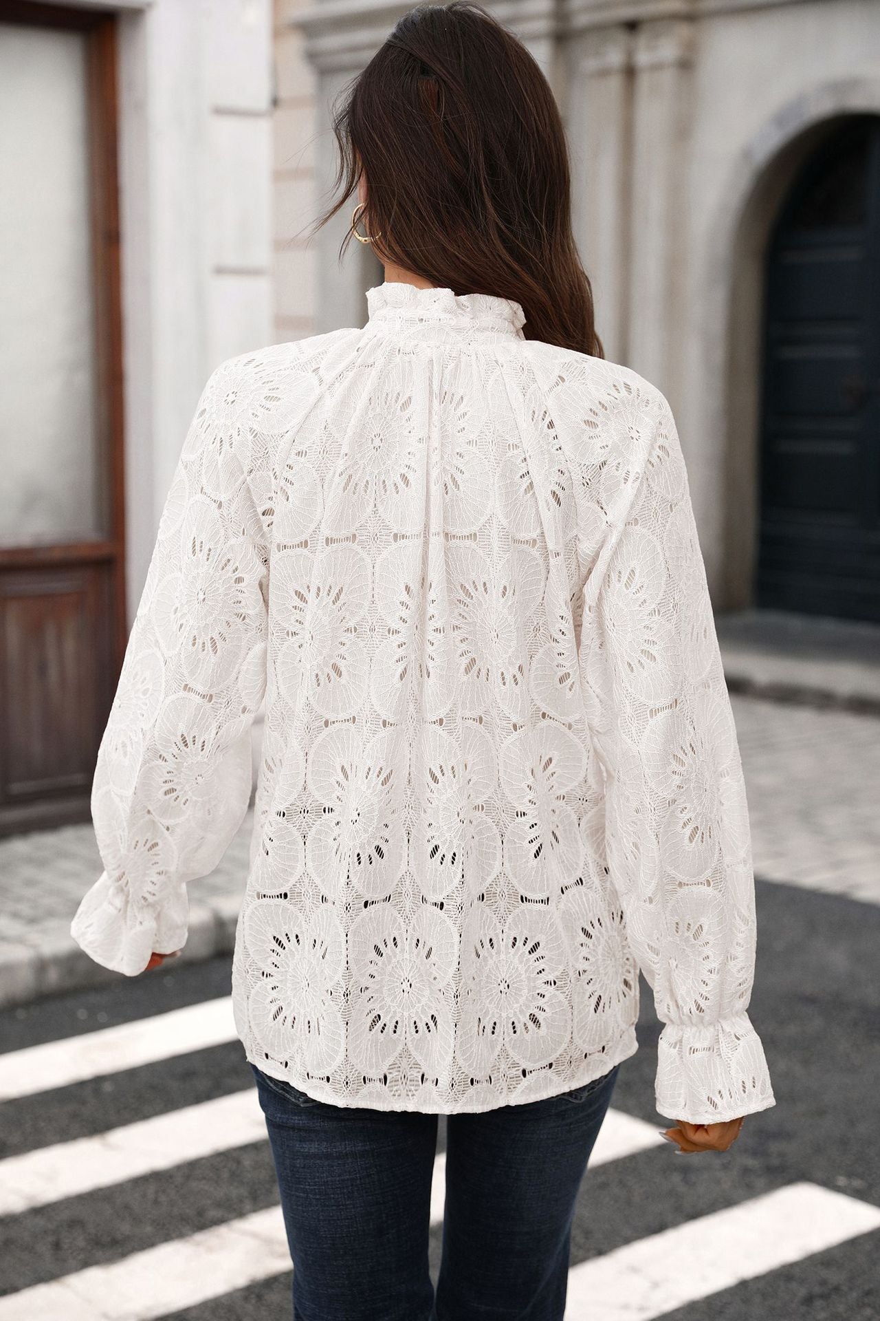 Eyelet Lace V Neck Top Long Sleeve Loose Casual Blouse