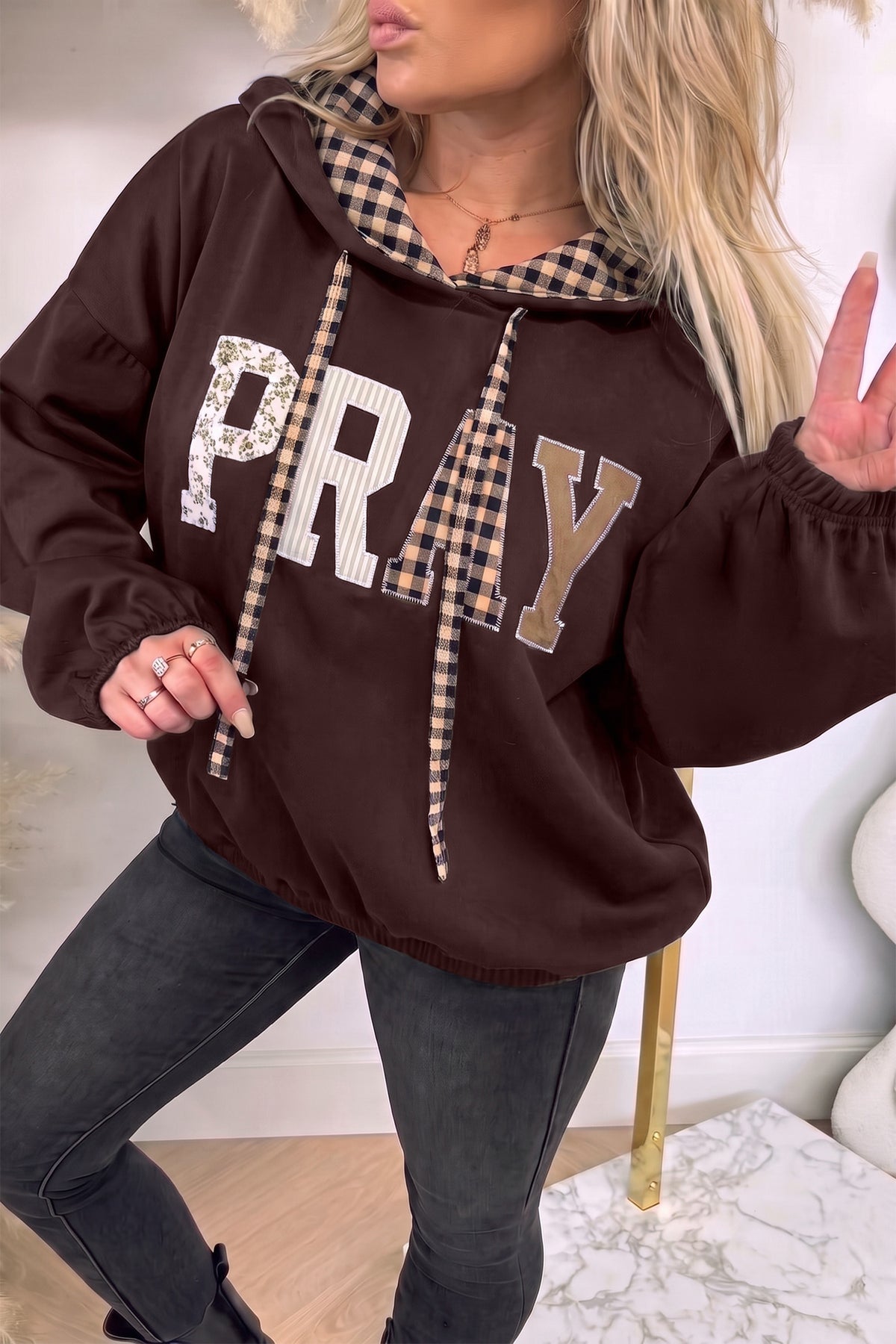Light Grey PRAY Mix Pattern Letter Graphic Plaid Contrast Drawstring Hoodie