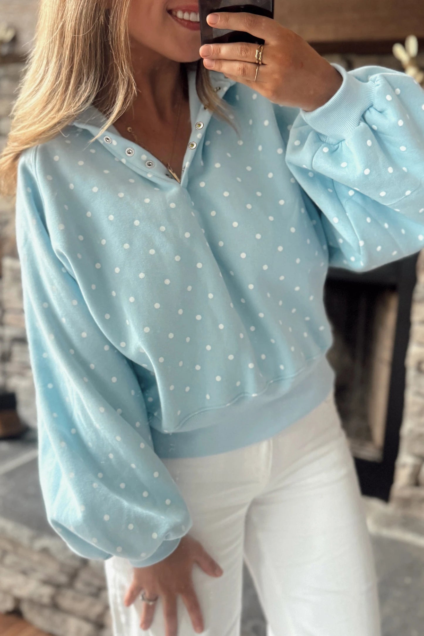 Polka Dot Print Metal Button Collar Casual Pullover Sweatshirt