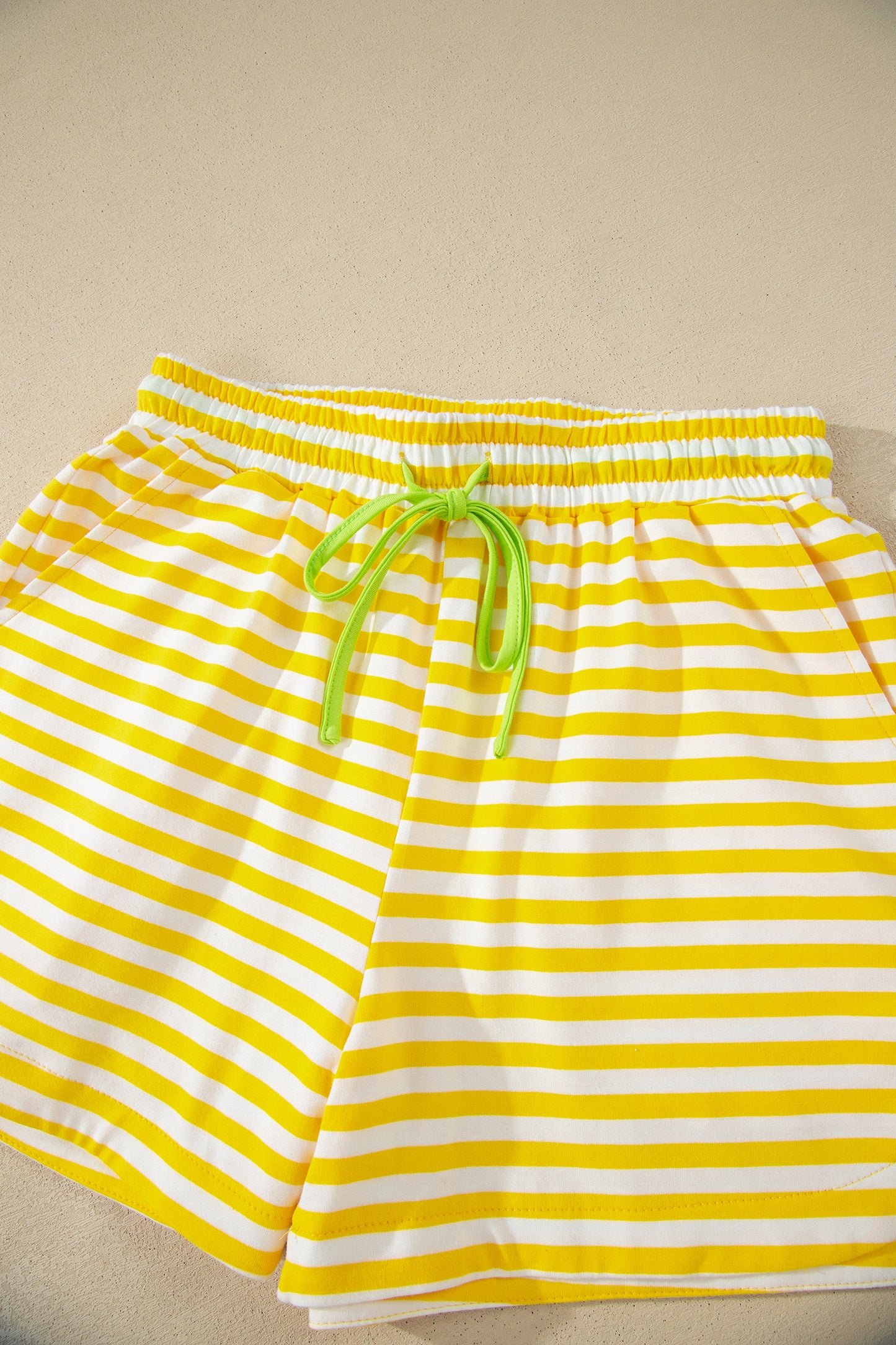 Pink Stripe Contrast Neck Loose Tee and Drawstring Shorts Set