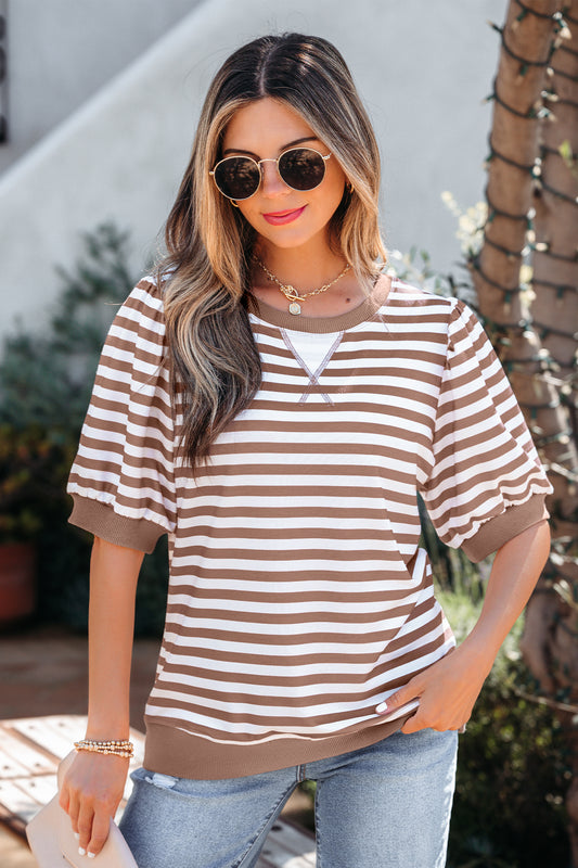 Khaki Stripe Short Bubble Sleeve T Shirt