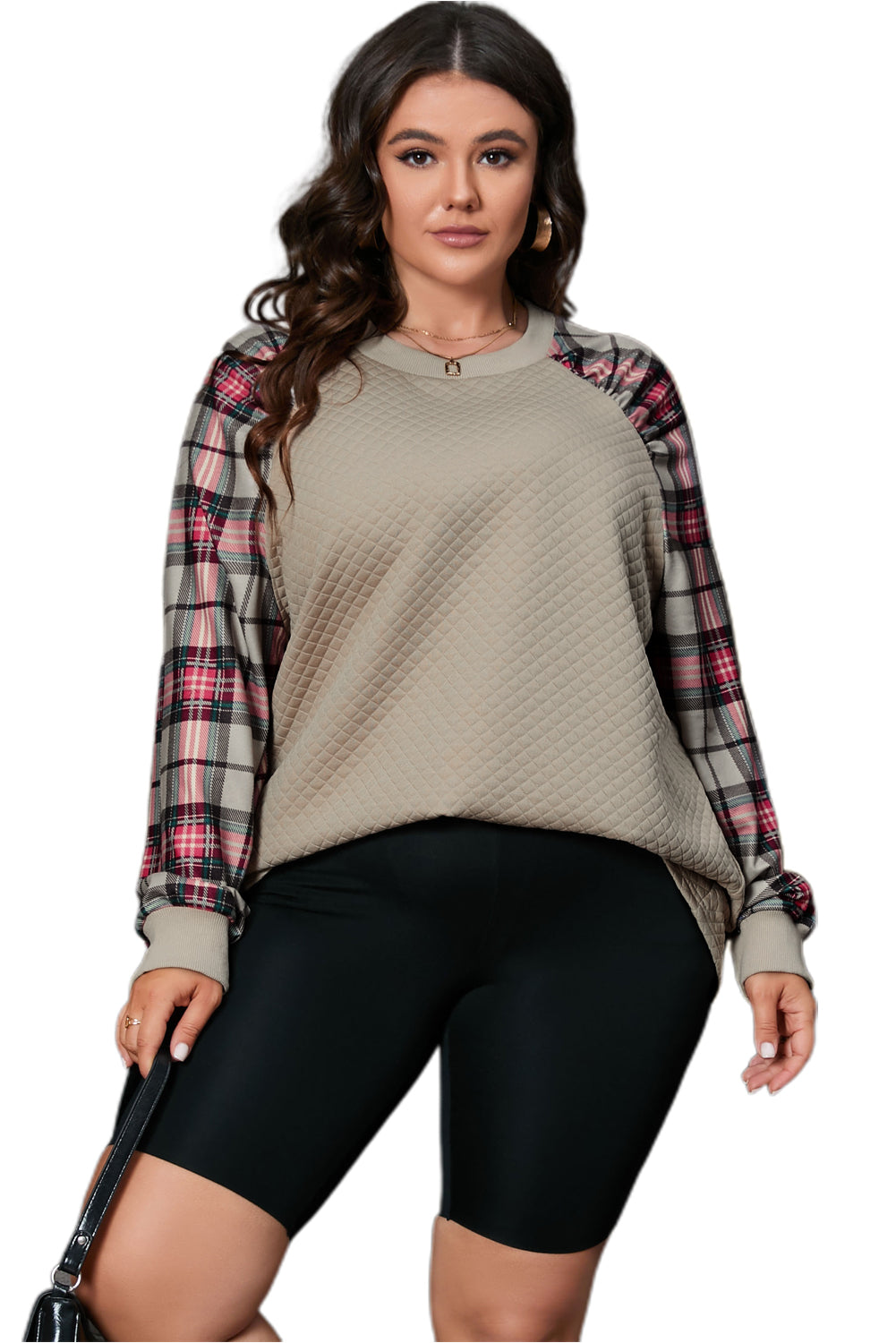 Apricot Quilted Buttoned Neckline Stand Neck Pullover Sweatshirt
