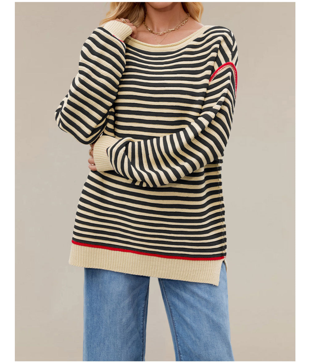 Striped Knit Pullover Sweater | Loose Fit Crewneck Top