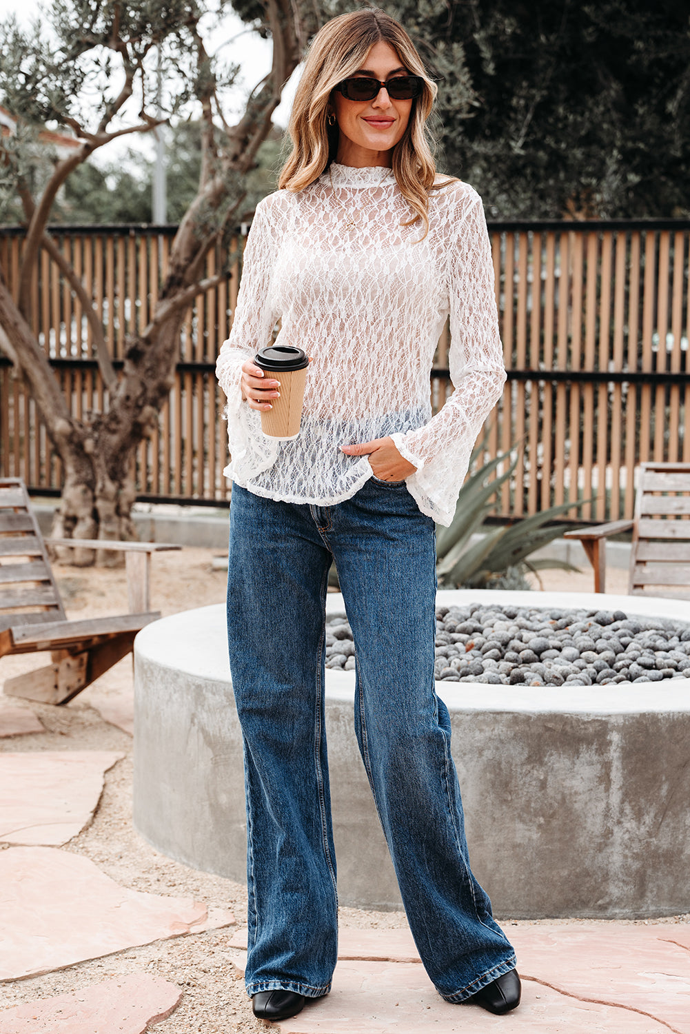 White Sheer Lace Bell Sleeve Mock Neck Blouse