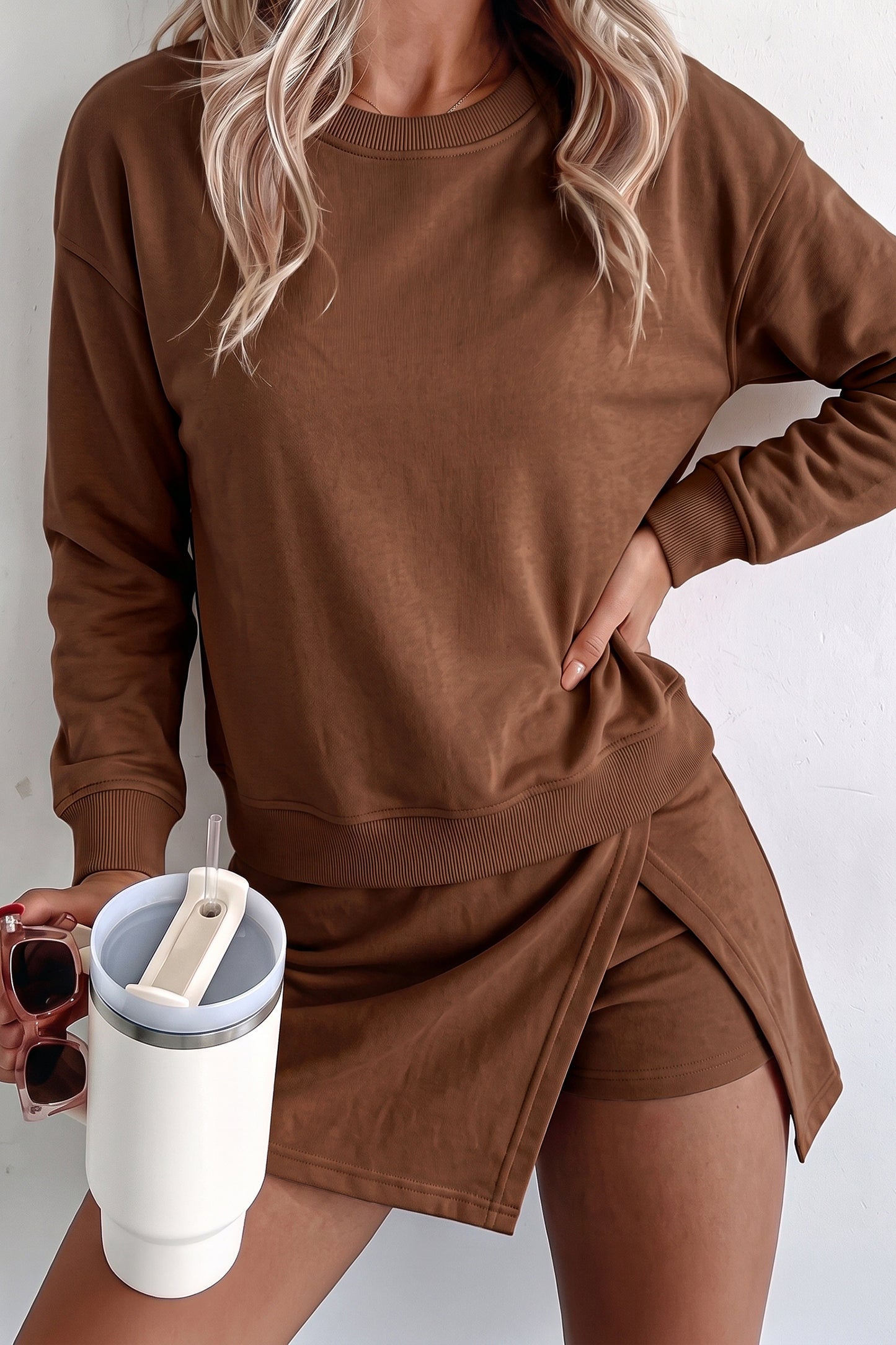Parchment Solid Color Long Sleeve Top Split Skort 2pcs Outfit