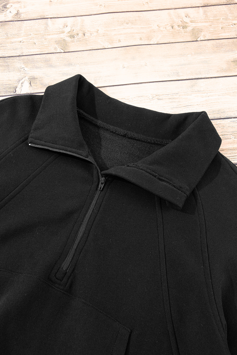 Black Zip Up Stand Collar Ribbed Thumbhole Sleeve Sweatshirt