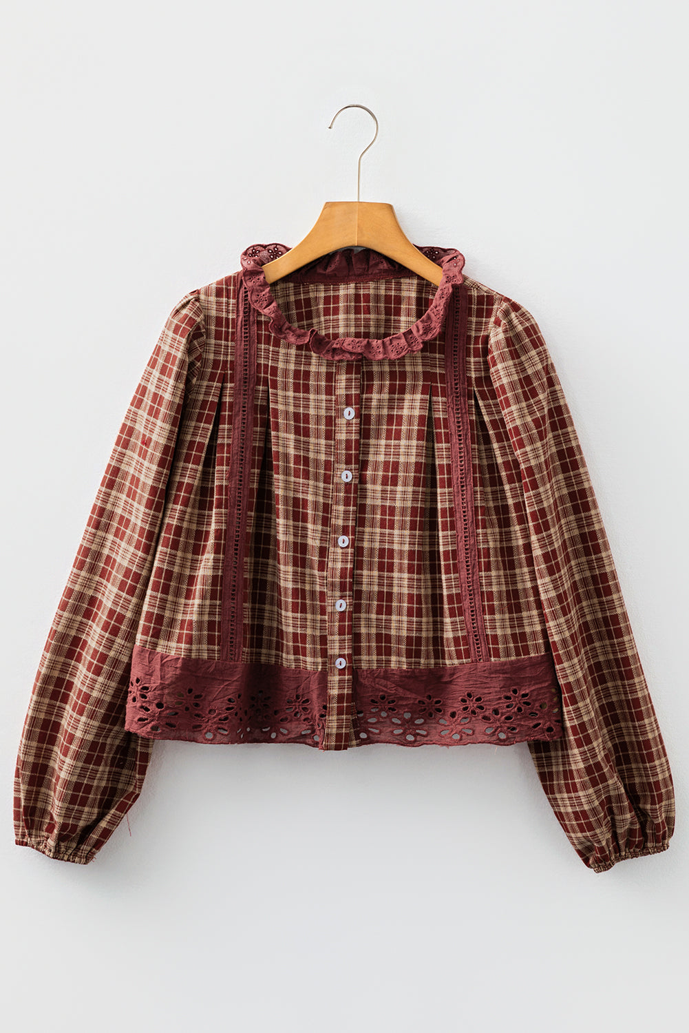 Red Dahlia Plaid Eyelet Lace Trim Button Down Loose Long Sleeve Shirt