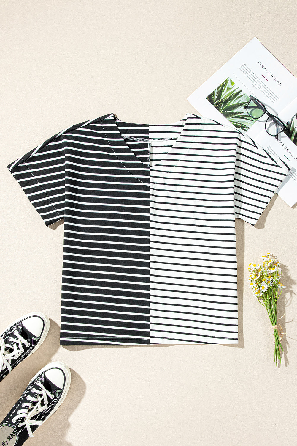 Black Stripe Two Tone Colorblock V Neck T Shirt