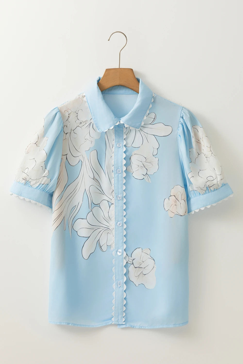 Floral Ric Rac Edge Puff Sleeve Button Up Summer Shirt