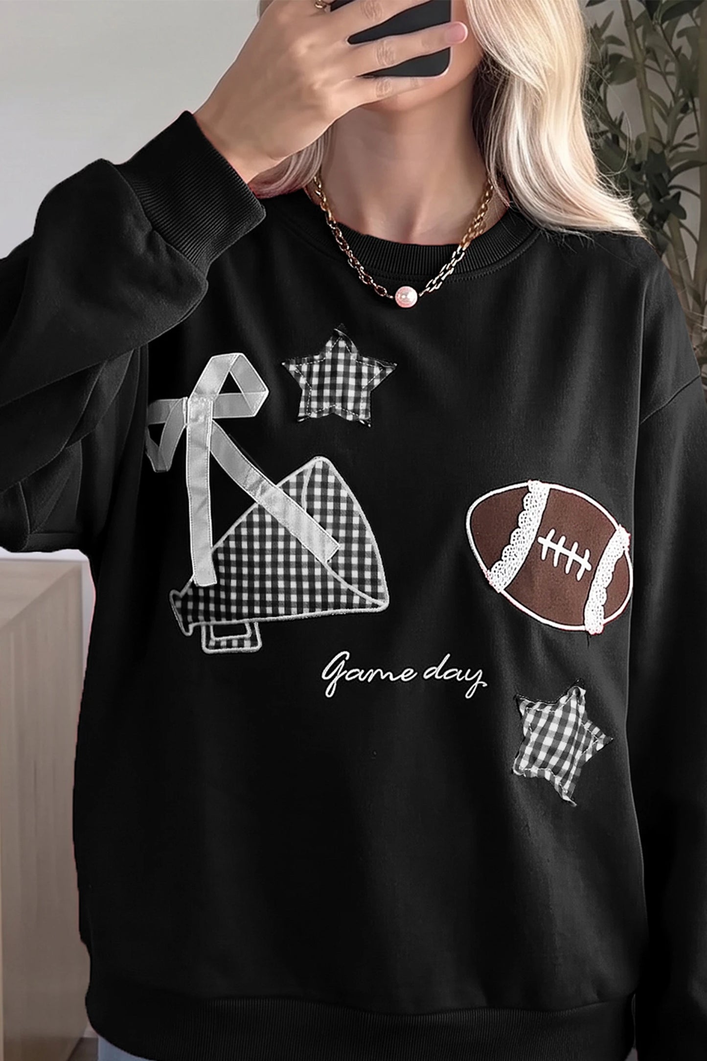 Gingham Patch Embroidered Rugby Game Day Stars Sweatshirt