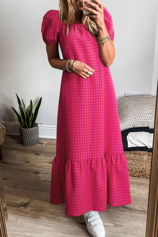 Rose Ginham Check Bubble Sleeve Ruffled Maxi Dress
