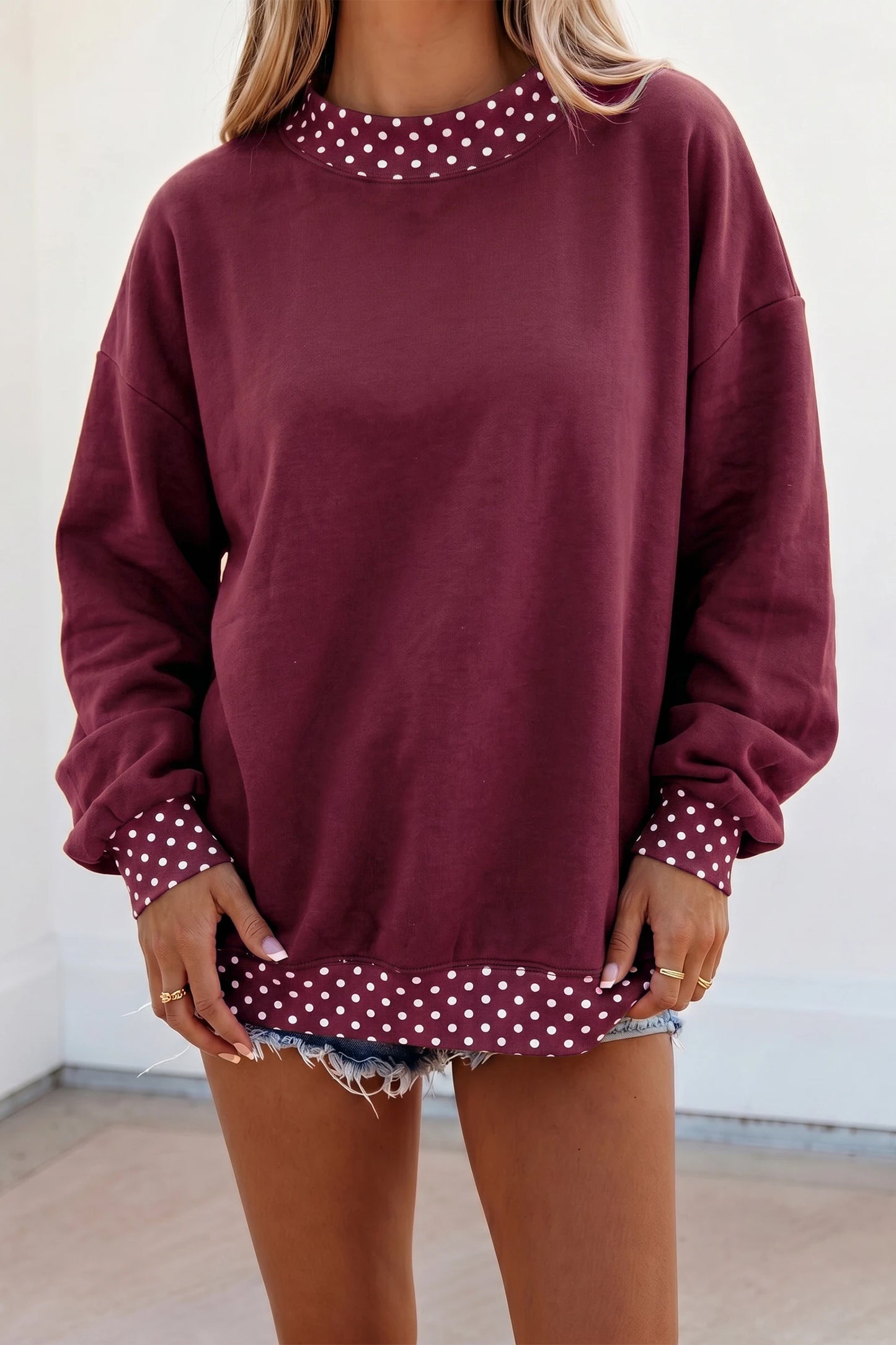 Colorblock Polka Dot Contrast Trim Oversized Sweatshirt