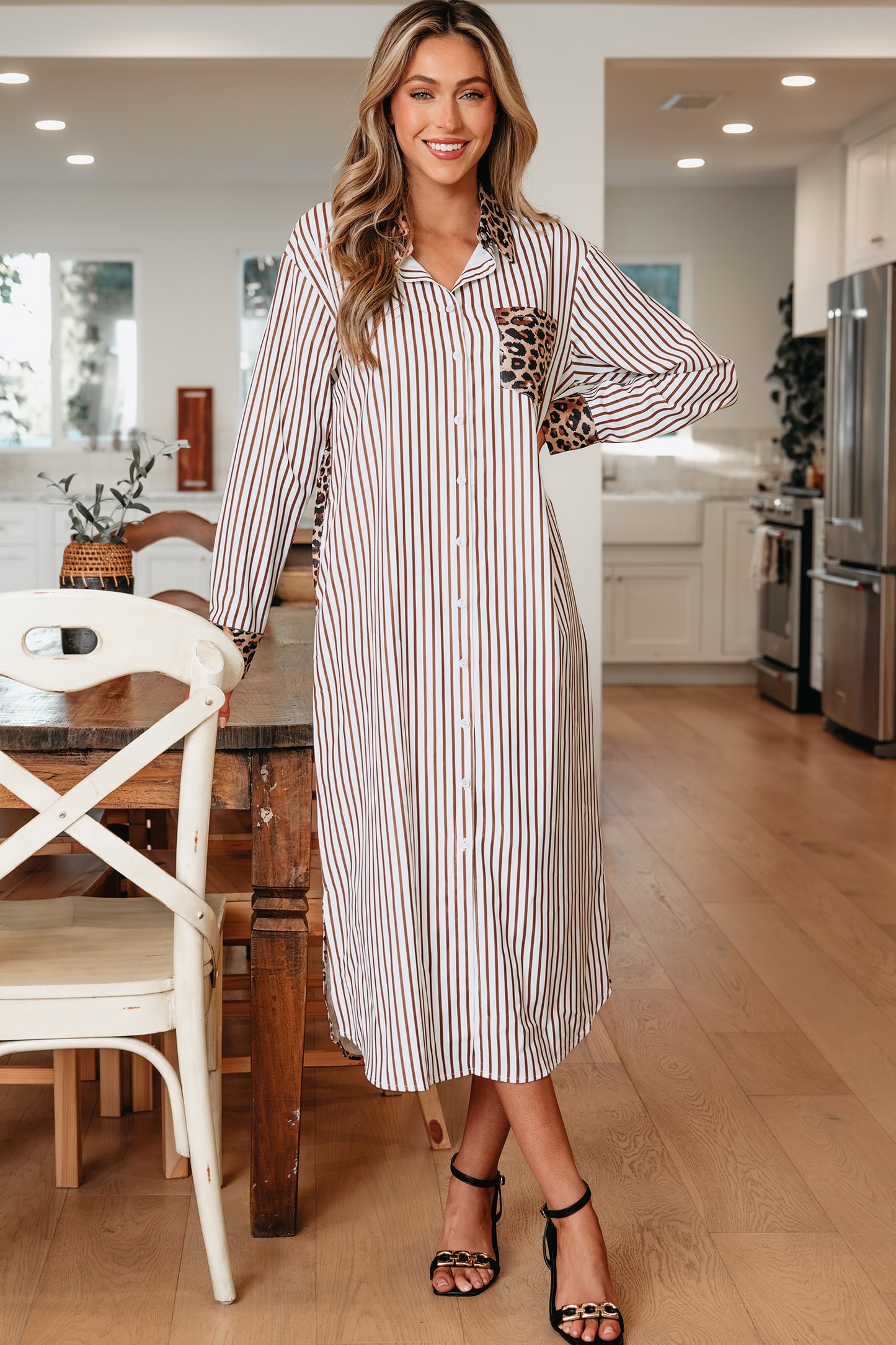 Sky Blue Stripe Contrast Leopard Patchwork Long Shirt Dress with Slits