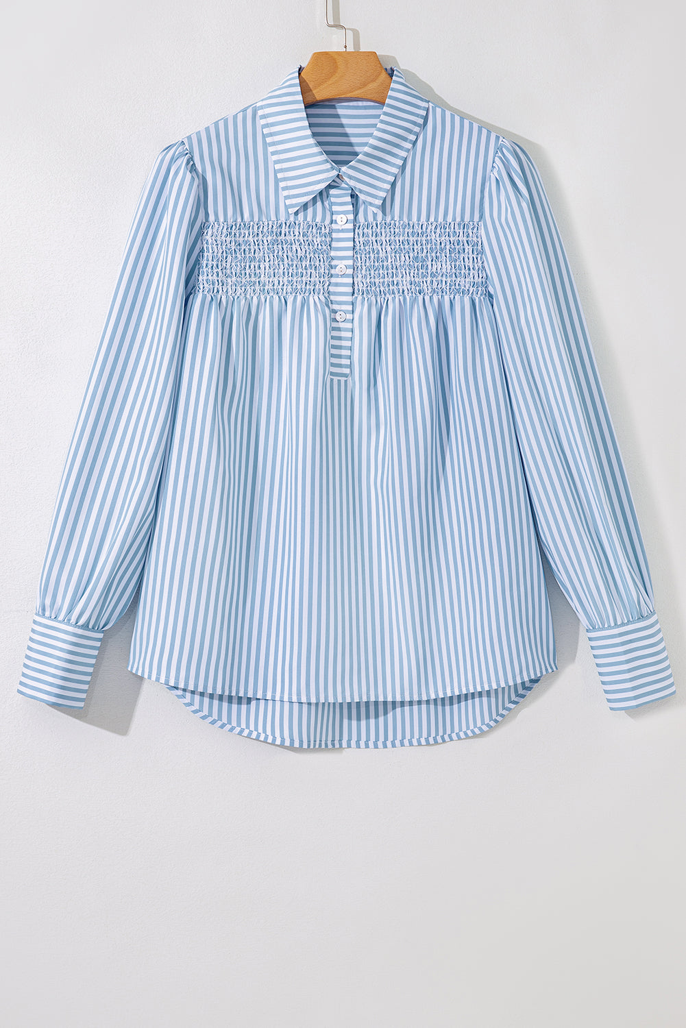 Sky Blue Stripe Shirred Detail Half Placket Collared Long Sleeve Fall Shirt