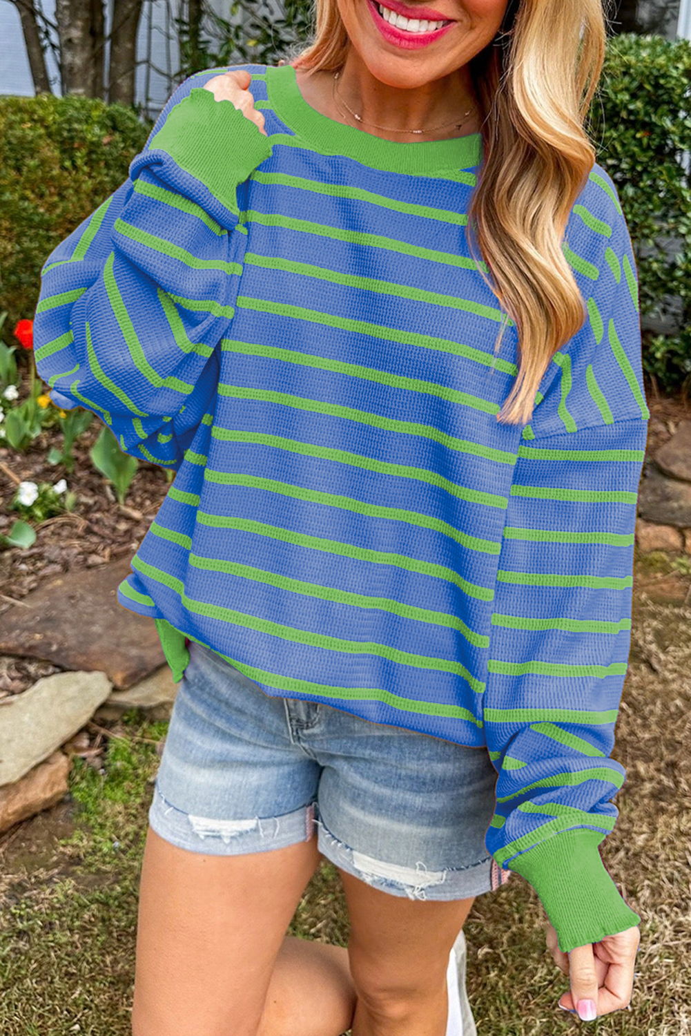 Brown Stripe Trimmed Round Neck Drop Shoulder Loose Sweater