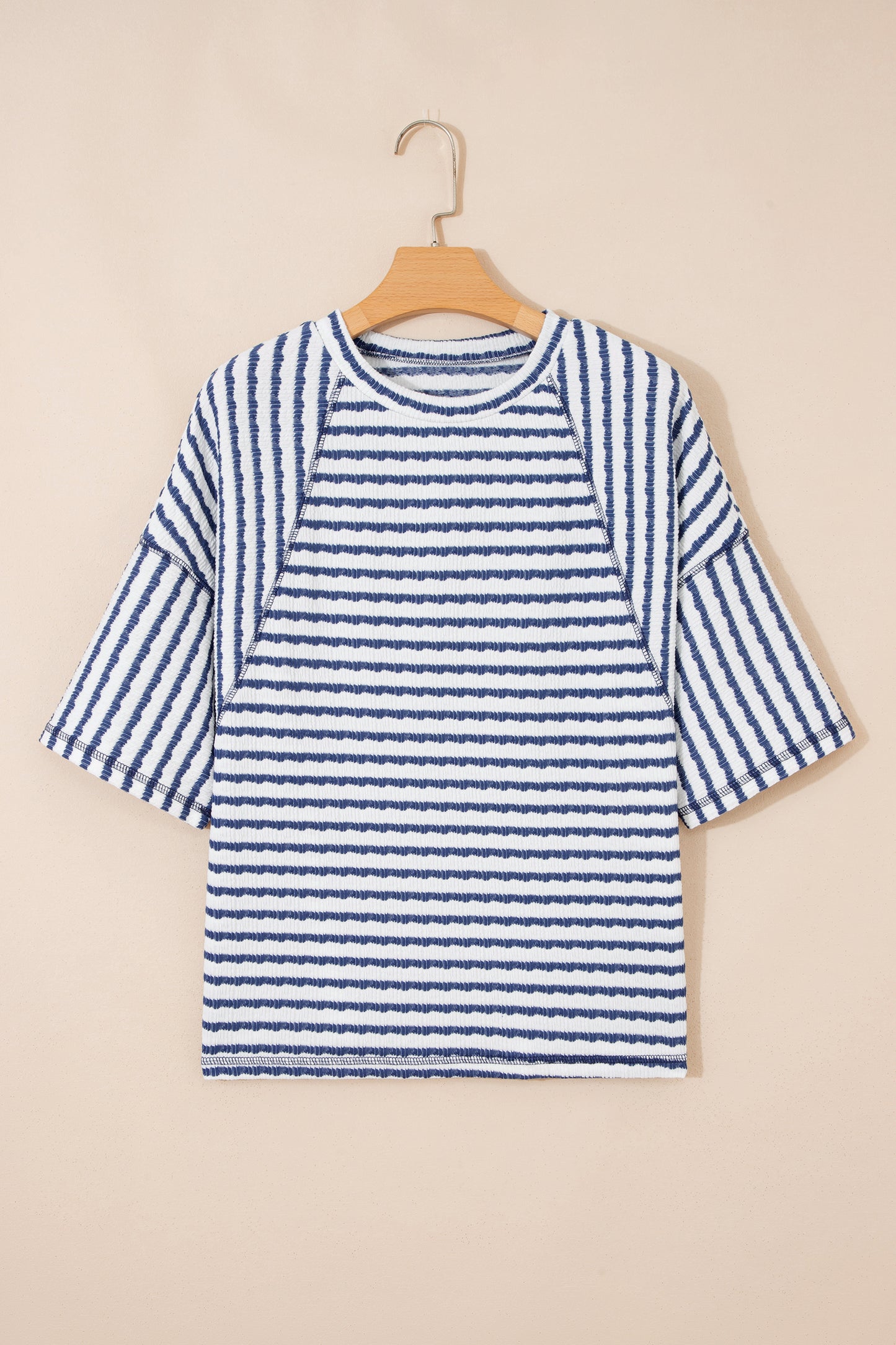 Apricot Stripe Textured Knit Split Hem Half Sleeve Loose Top
