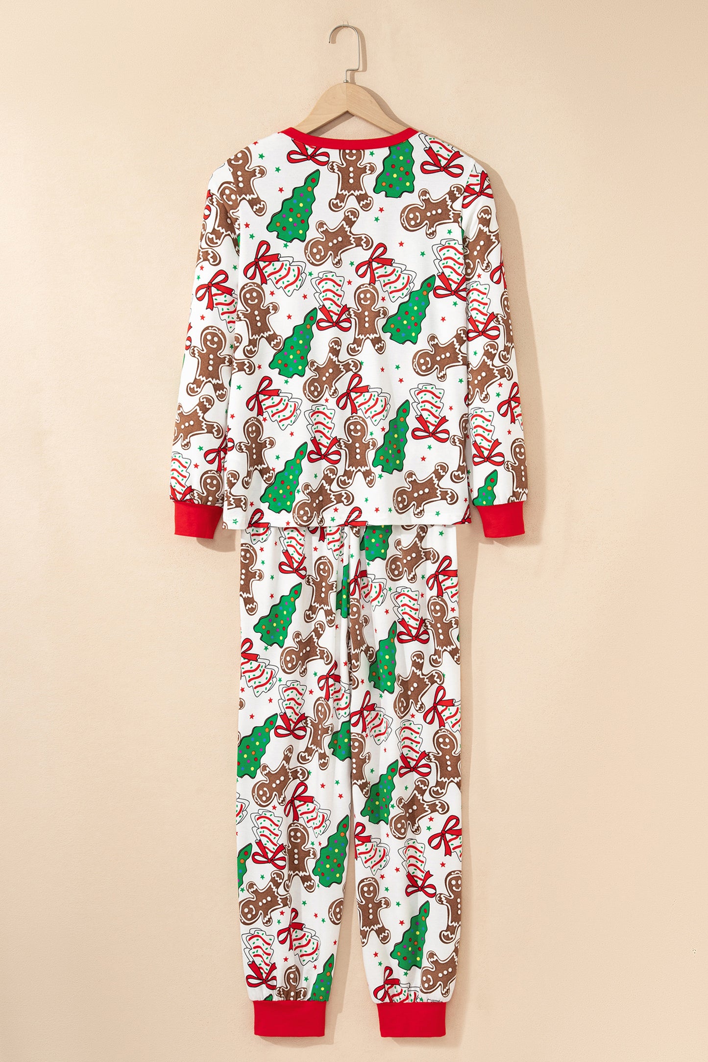Pink Christmas Pattern Button V Neck Pullover Drawstring Pants 2pcs Lounge Set