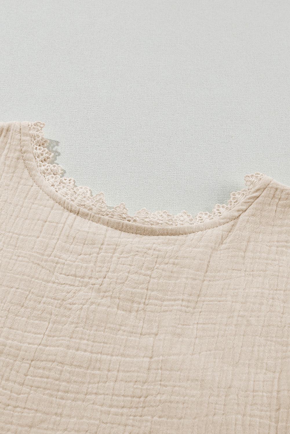 Beige Crinkle Lace Trim Puff Sleeve Shift Mini Dress