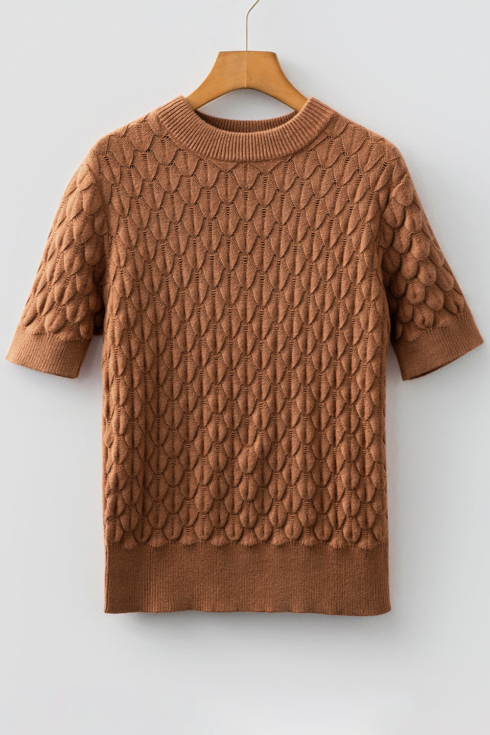White Fish Scale Textured Knit Ribbed High Neck Short Sleeve Sweater