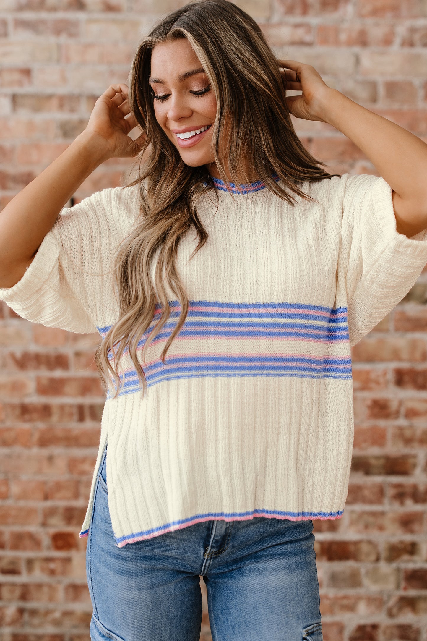White Striped V Neck Dolman Sleeve Rib Knit Oversized Sweater with Slits