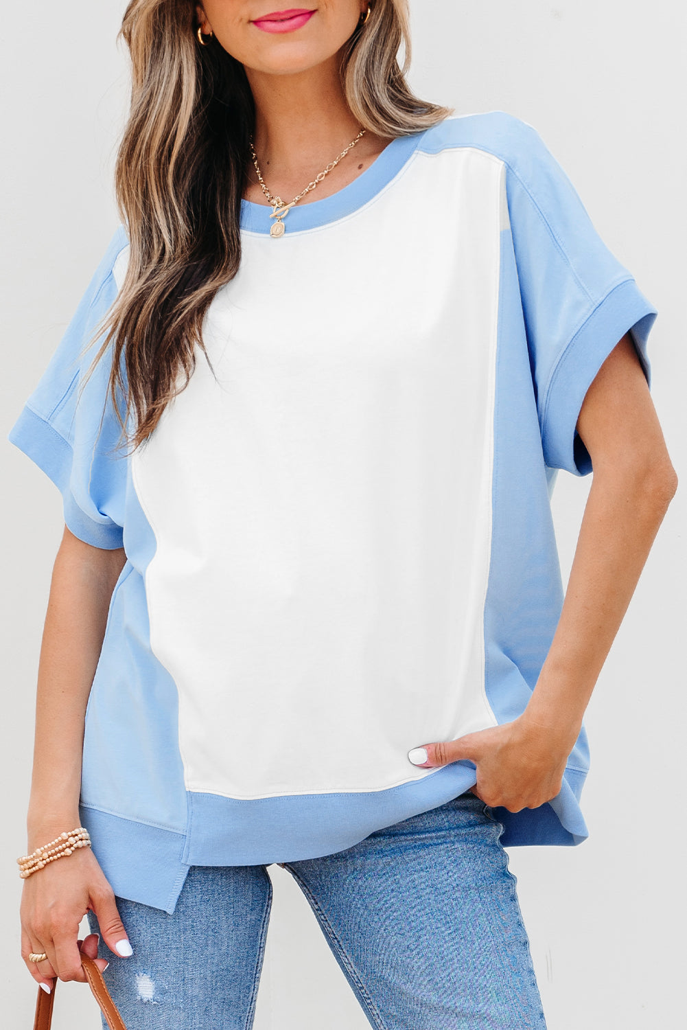 Light Green Color Block Exposed Seam Crew Neck T Shirt