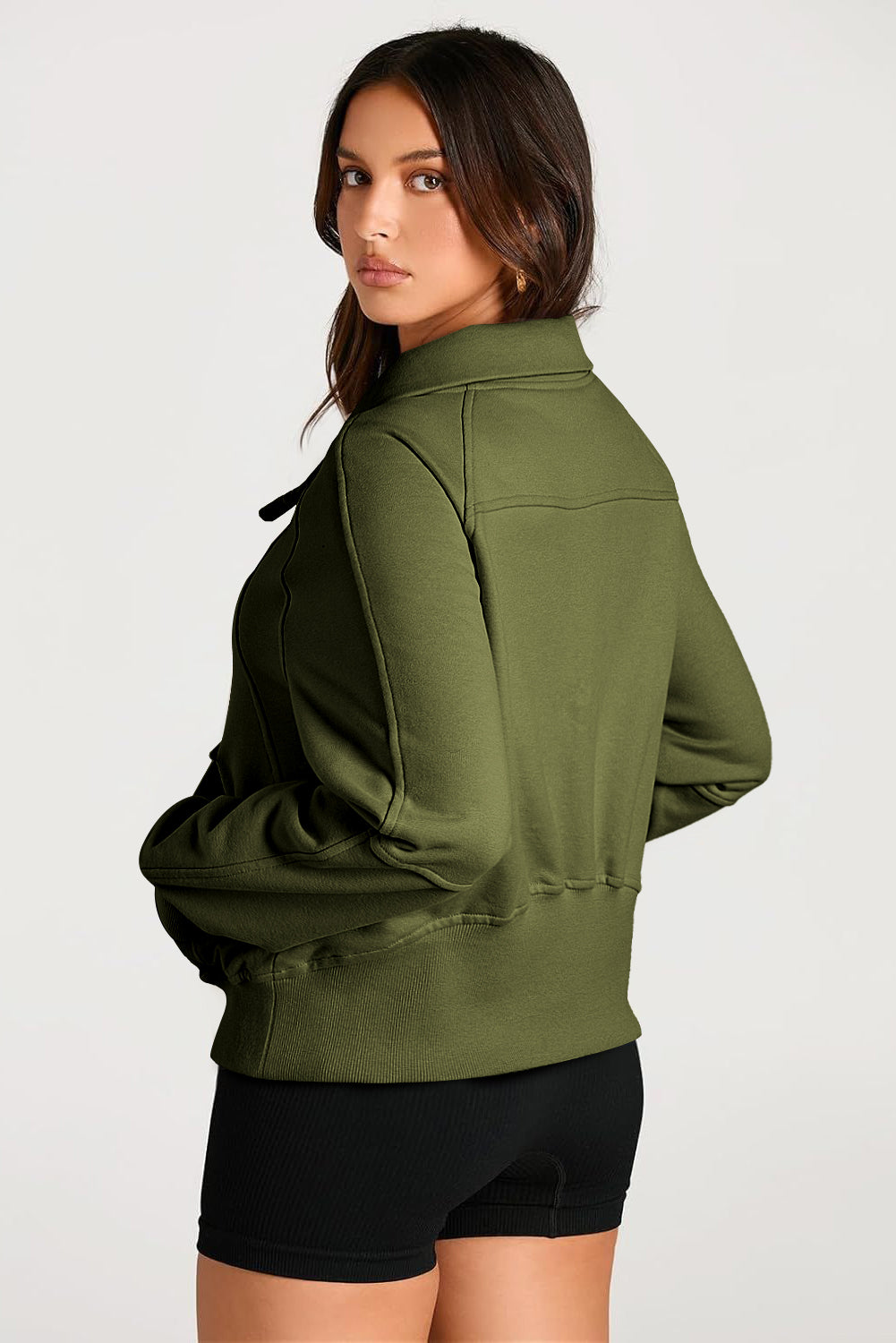 Solid Color Quarter Zip Stand Neck Kangaroo Pocket Sweatshirt