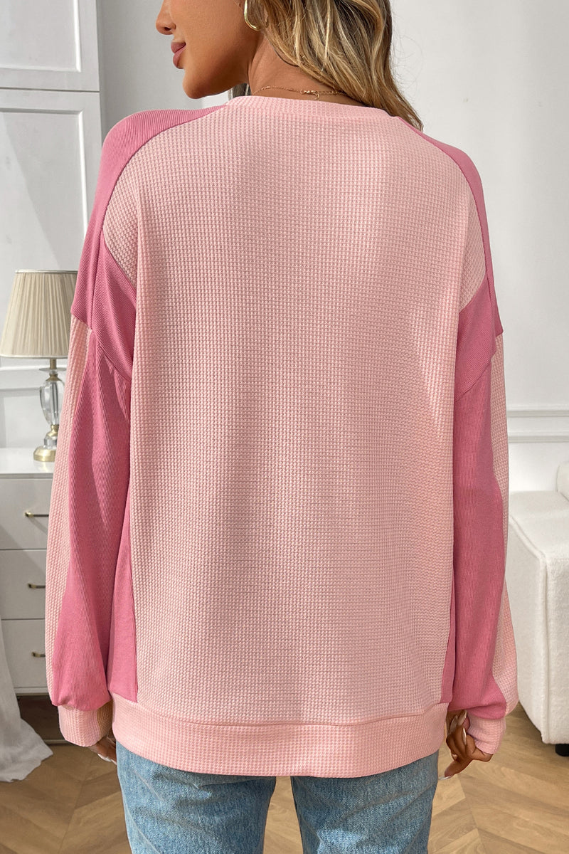 Colorblock Waffle Knit Crewneck Long Sleeve Top Women