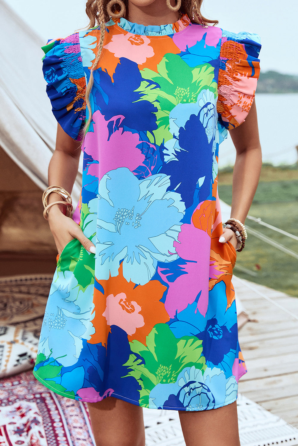 Blue Bold Floral Flutter Sleeve Shift Mini Dress with Pockets
