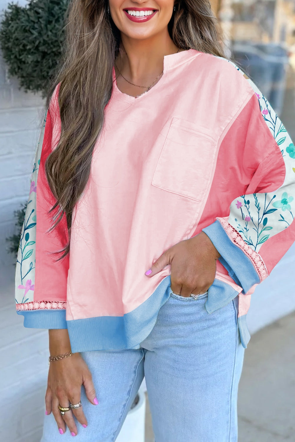 Light Pink Floral Colorblock Patchwork Chest Pocket Notched Neck Long Sleeve Top