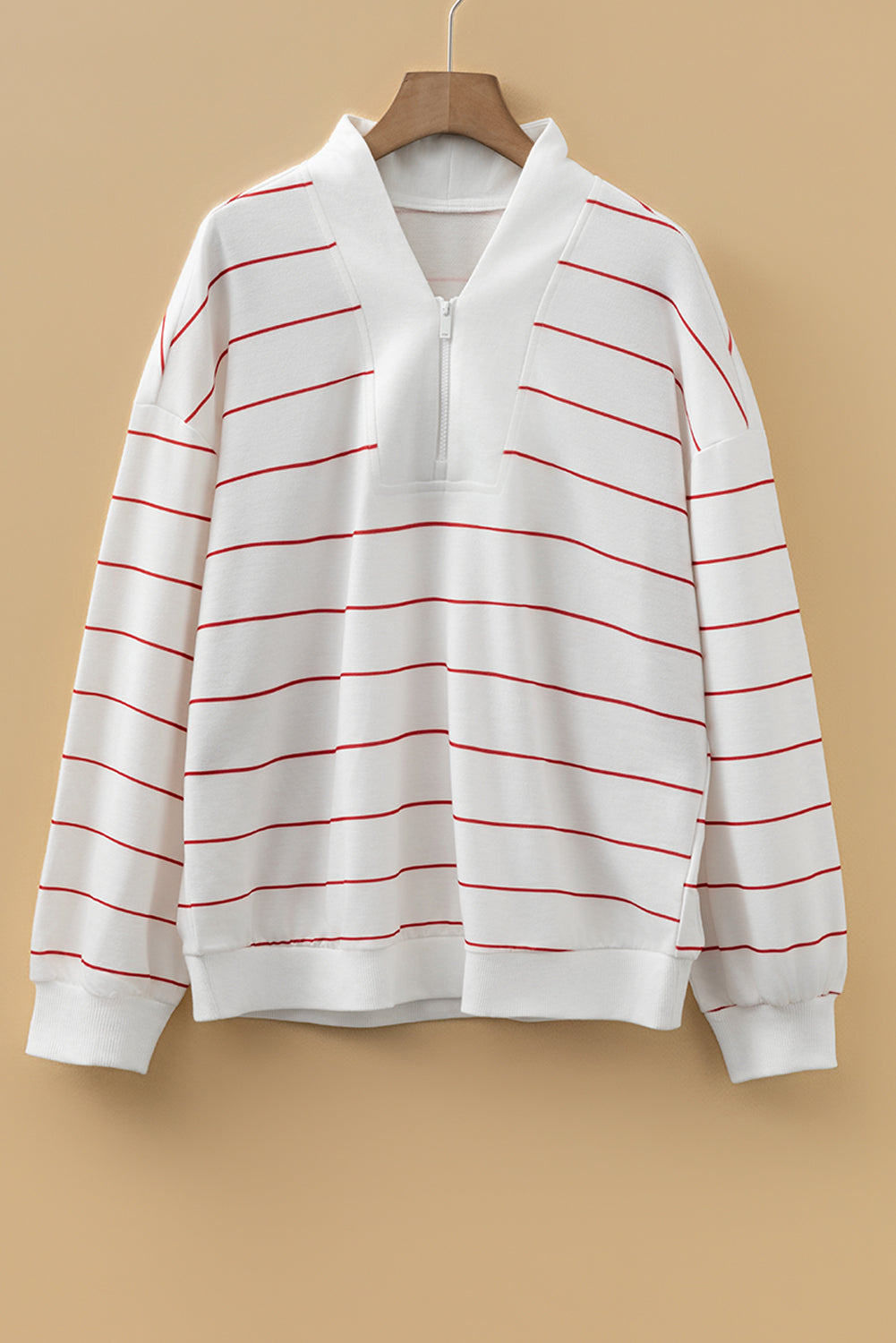 White Zip V Neck Casual Stripe Print Drop Shoulder Long Sleeve Top