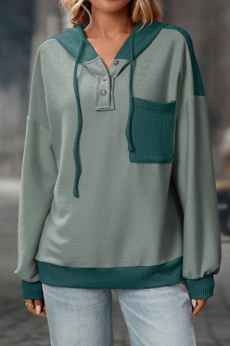 Colorblock Waffle Knit Drawstring Hoodie Pullover Women