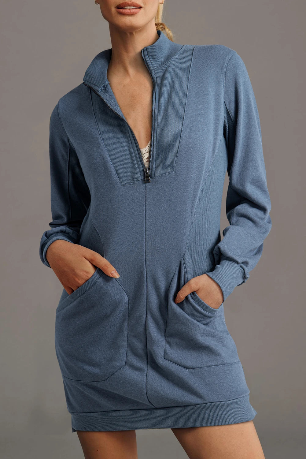 Black Zip up Collared Ribbed Patchwork Sweatshirt Dress with Pockets