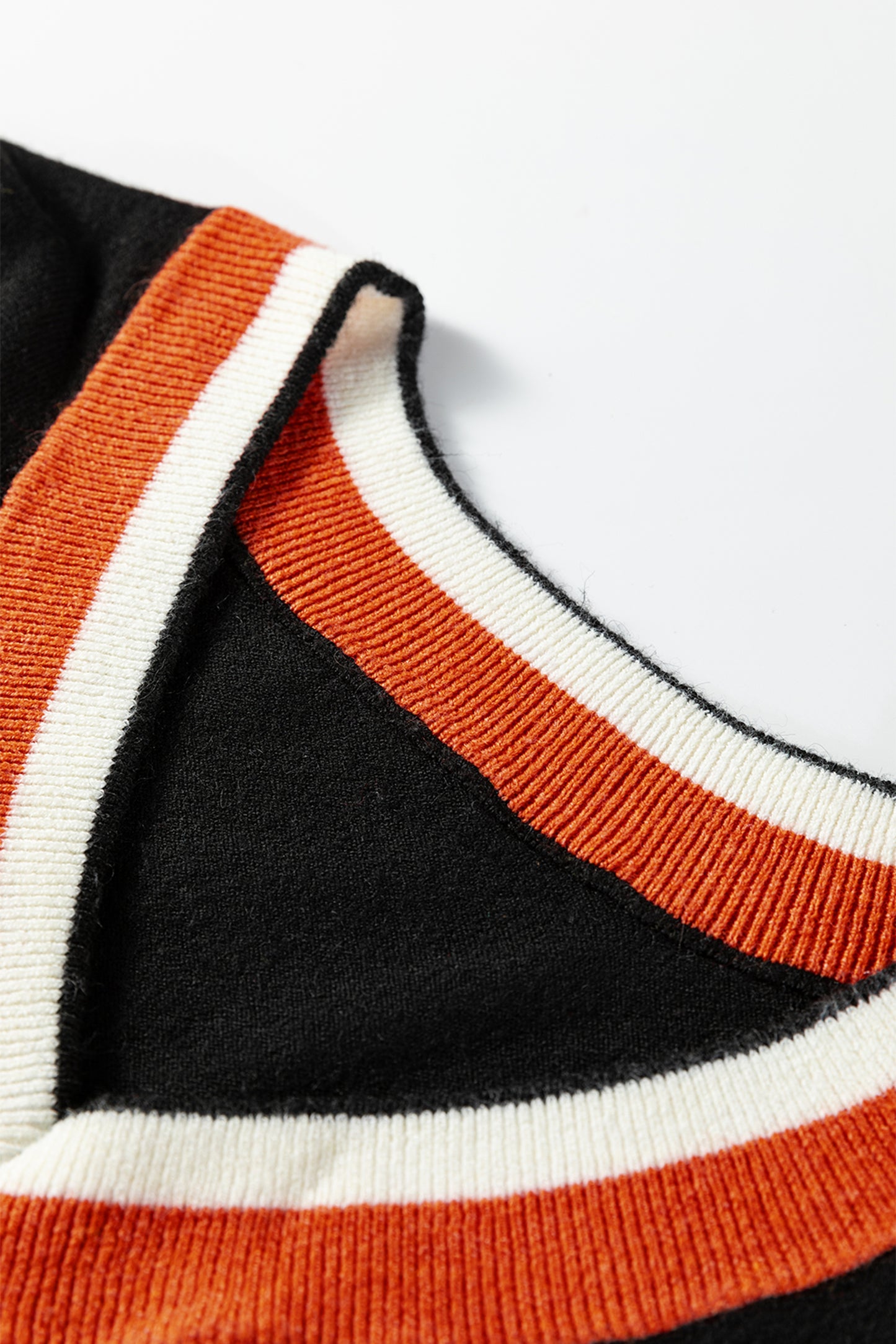 Gray Contrast Striped Trim V Neck Varsity Sweater