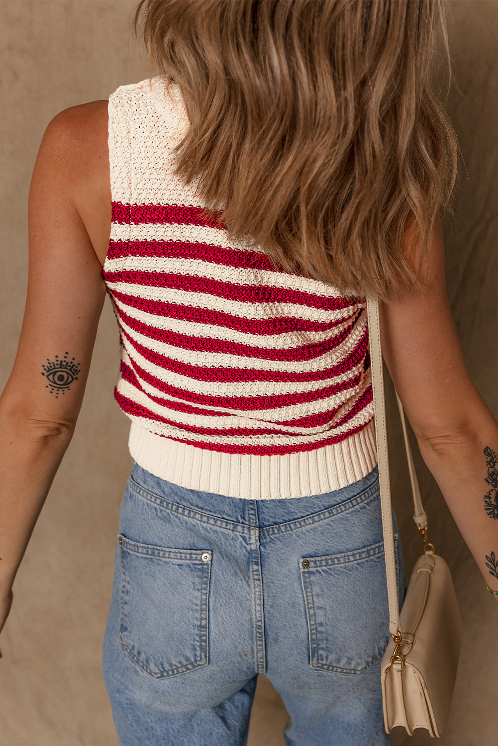 Red Stripe Textured Knit Ribbed Hem Sweater Tank Top