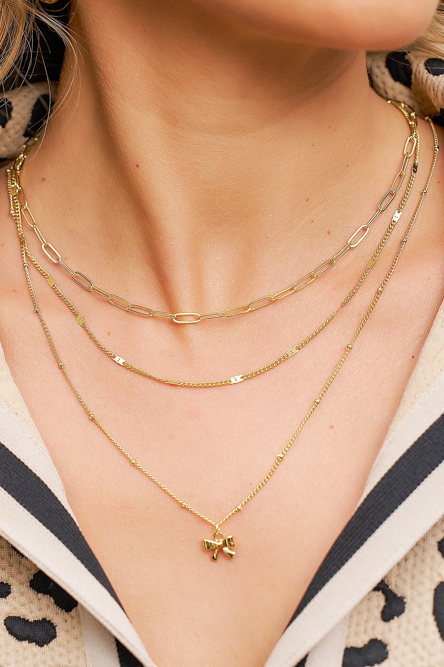 Gold Plated Trendy Paperclip Chain Bow Pendant 3pcs Necklace Set