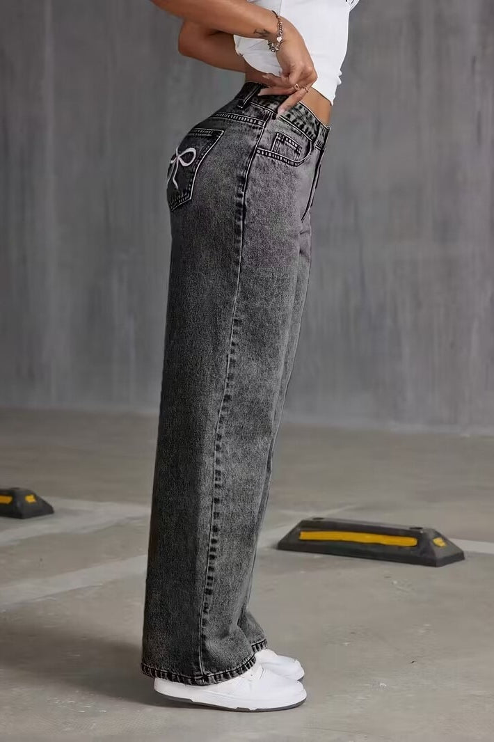 High Waisted Wide Leg Jeans Bow Embroidered Gray Wash