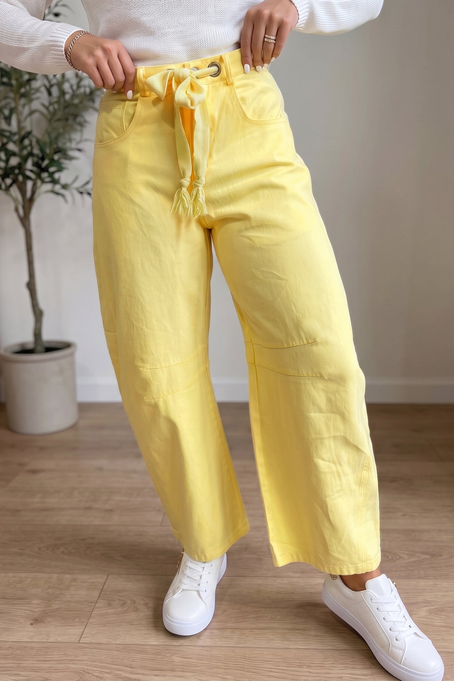Yellow Solid Color Grommet Detail Knot Waist Barrel Jeans