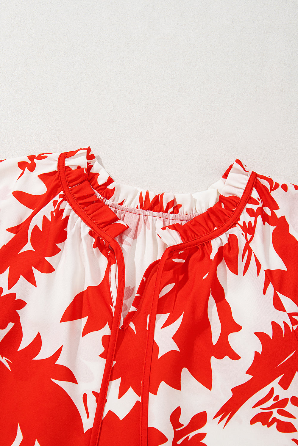 Red Plant Print Tiered Ruffled Sleeve V Neck Blouse