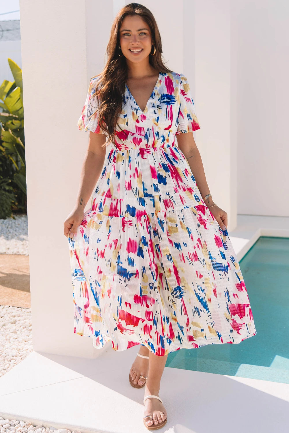 Abstract Print Short Puff Sleeve Tiered Maxi Dress