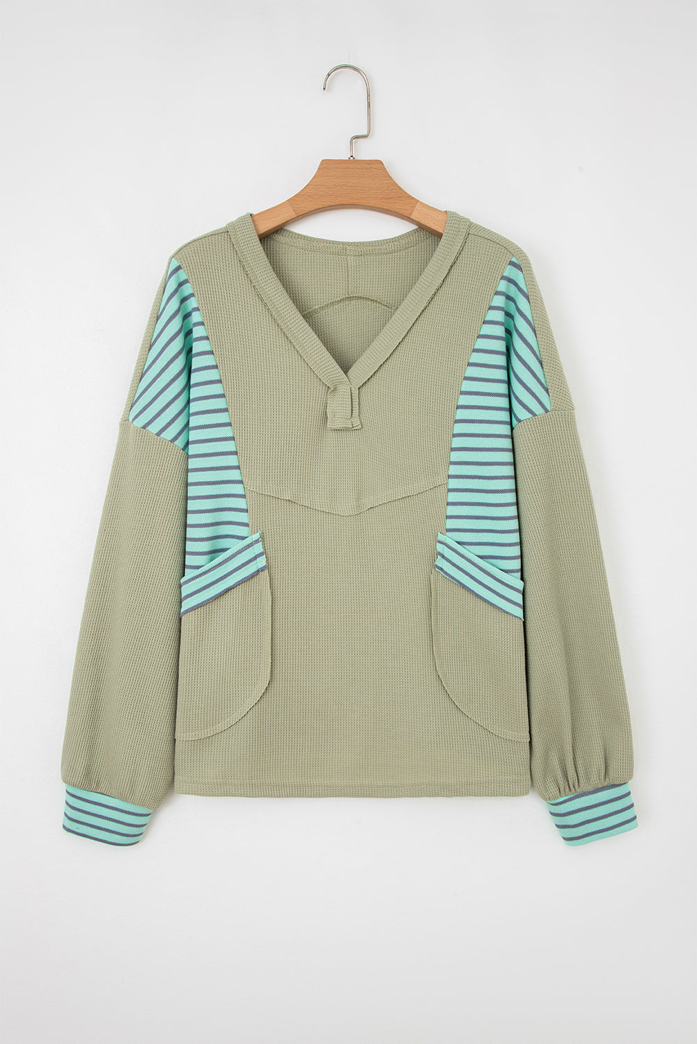 Dusk Blue Exposed Seam Waffle Striped Patchwork Baggy Pullover